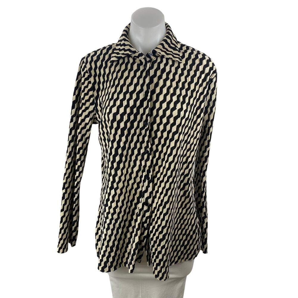 H&M Black Beige Zig Zag Stripe Plisse Long Sleeve Button Down Shirt Top Size M